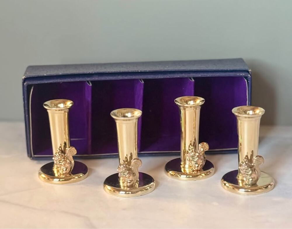 Vintage Japan Gold Tone Squirrel Candle Holder/Bud Vase Set of 4 w/ Original Box